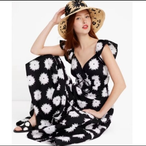 Kate Spade Pom Pom Floral Smocked Maxi Dress Sz L Black/White Excellent Cond - Picture 4 of 14